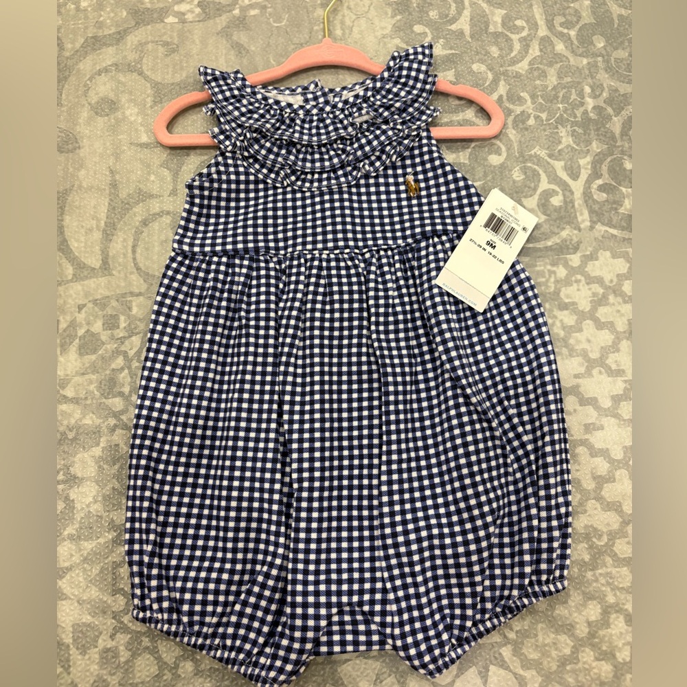 Ralph Lauren Navy and White Gingham Baby Onesie